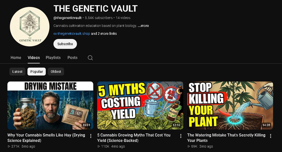 The Genetic Vault YouTube channel: 5.54K subscribers, most popular videos with 271K, 110K and 69K views